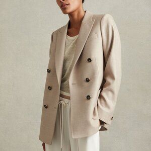 REISS Harriet Double Breasted Wool Blazer Sz 8 Beige Cream